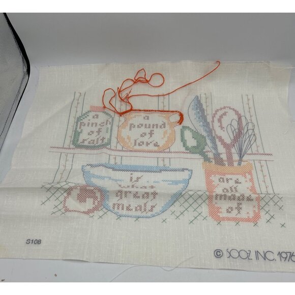 Vintage 1976 Sooz Inc. Cross Stitch "A Pinch Of Salt" Kitchen Decor Started Vtg - Picture 1 of 8
